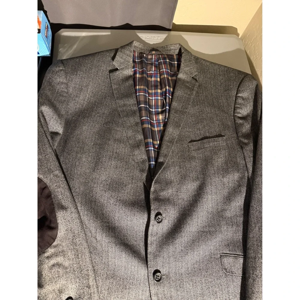 US Polo Assn Mens Grey Herringbone Blazer Elbow Patch Plaid Lining GLE4017J